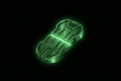 Glowing green key-type token split by a seam in a black void