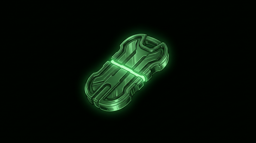 Glowing green key-type token split by a seam in a black void