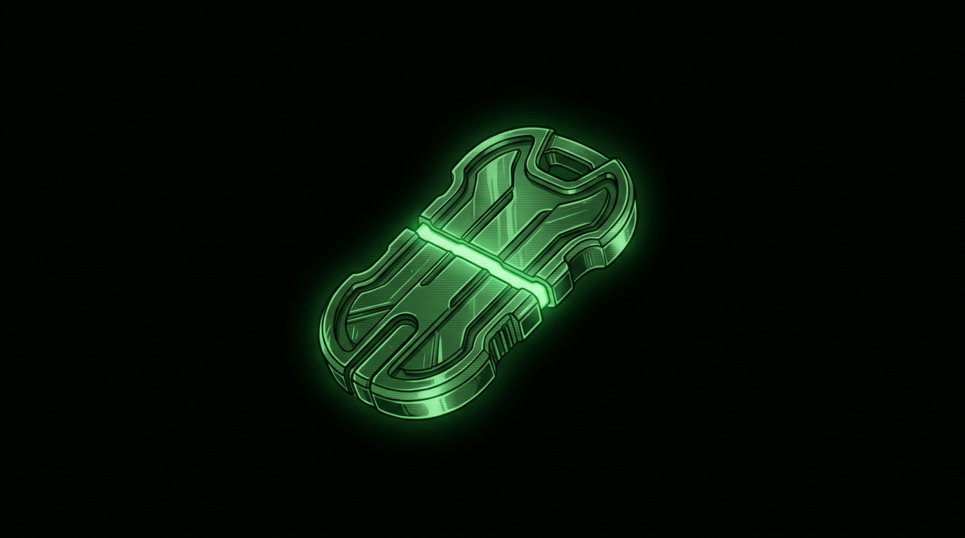 Glowing green key-type token split by a seam in a black void