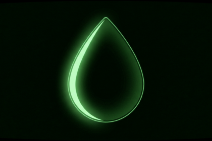 Single smooth glowing green teardrop form in a black void
