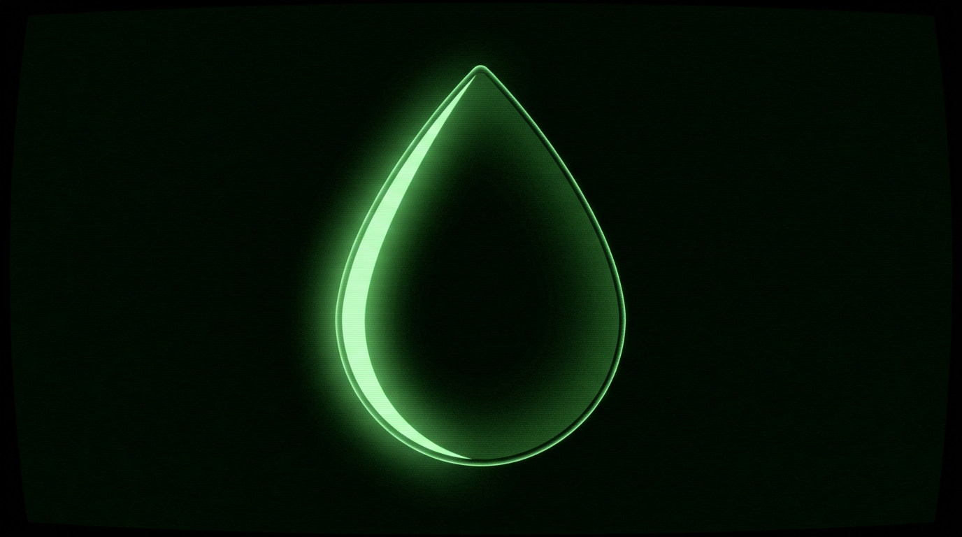 Single smooth glowing green teardrop form in a black void