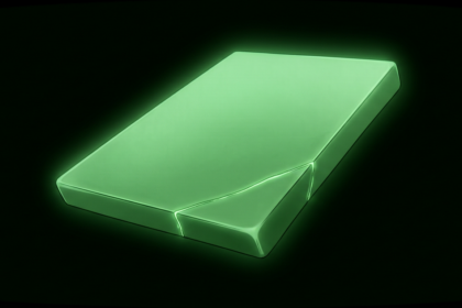 Smooth glowing green rectangular slab with a single seam, floating in darkness
