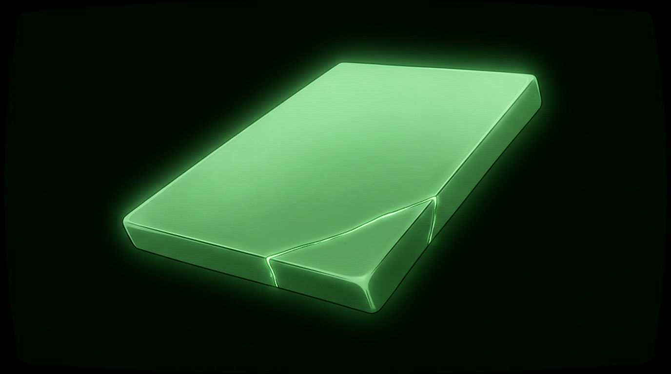 Smooth glowing green rectangular slab with a single seam, floating in darkness