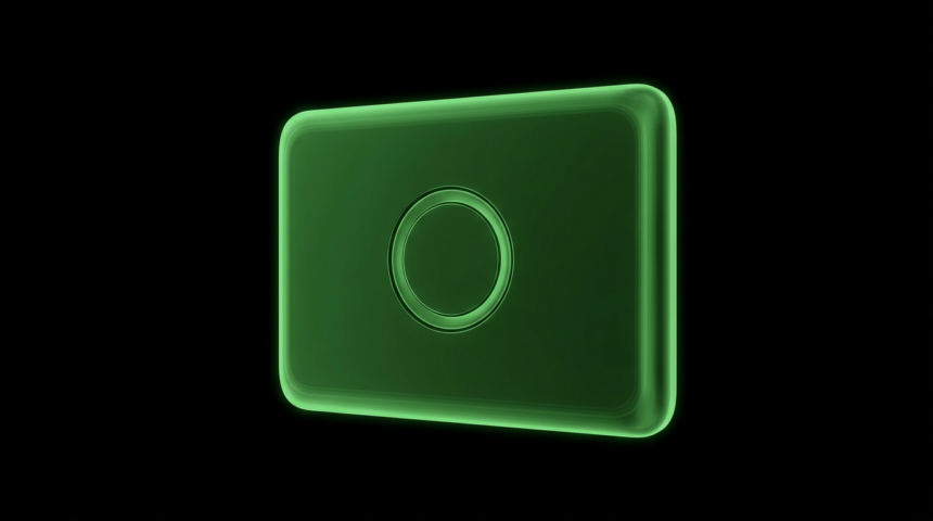 Plain glowing green door reader panel with a circular ring in darkness
