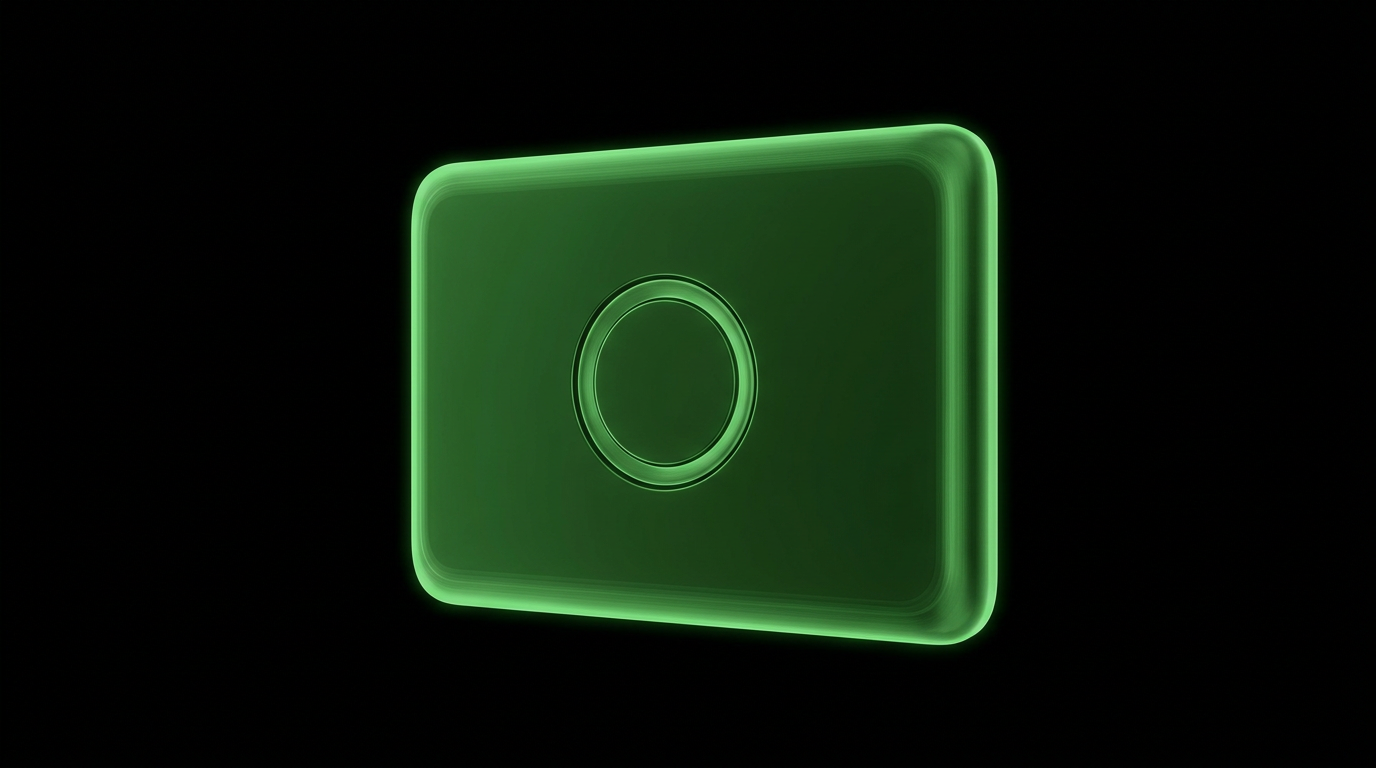 Plain glowing green door reader panel with a circular ring in darkness
